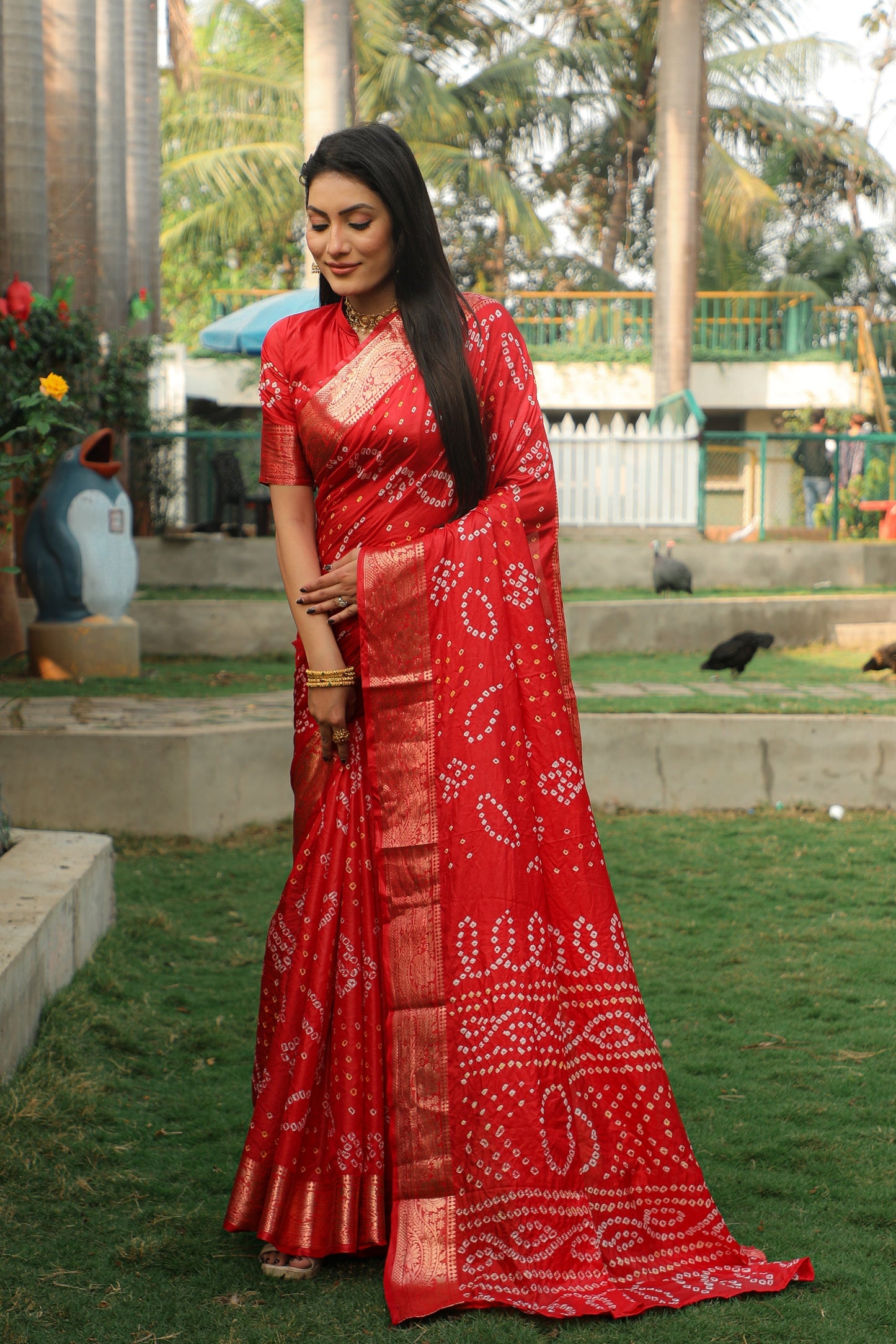 Blissful Kanjivaram Bandhej Red Color Silk Saree