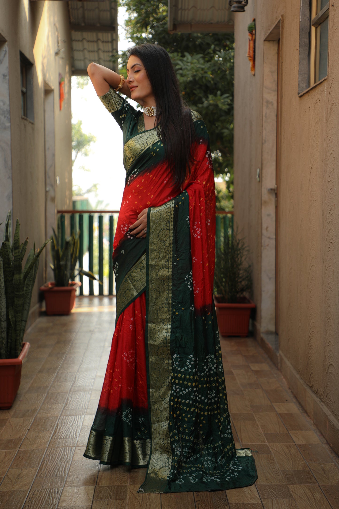 Glimmering Bandhej Red Color Silk Sarees