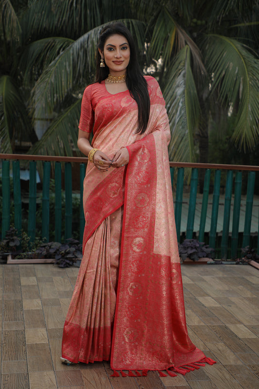 Charming Kanjivaram Peach & Red Color Soft Silk Saree