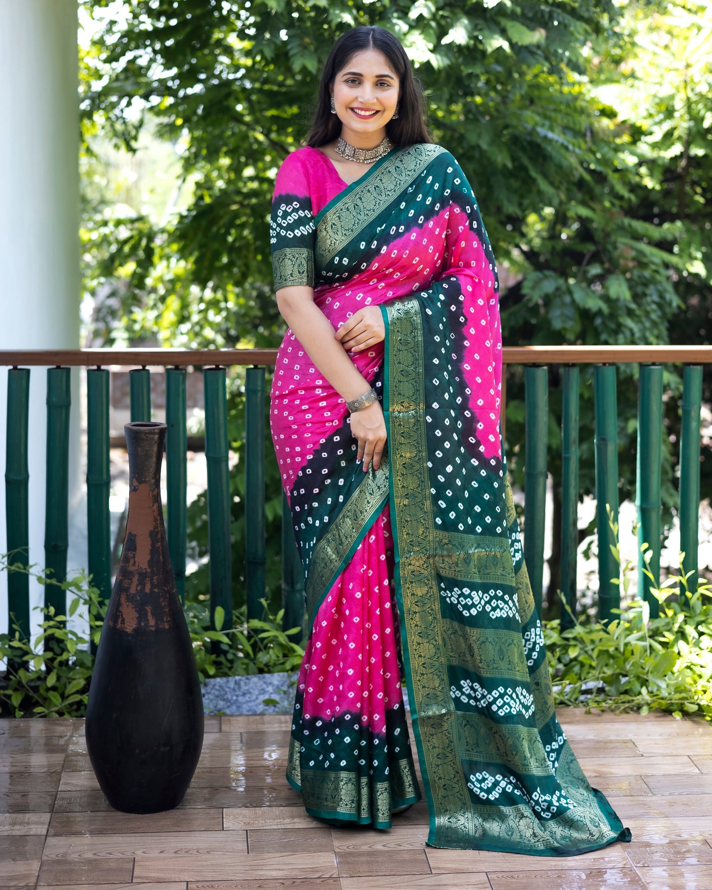 Stylish Bandhej Silk Bandhani Border Pink Color Saree