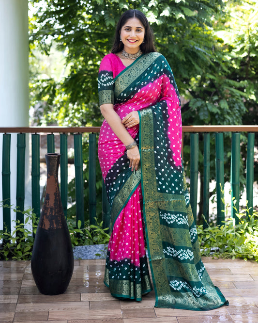 Stylish Bandhej Silk Bandhani Border Pink Color Saree