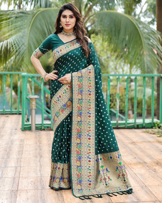 Glorious Paithani Bandhej Green Color Silk Saree