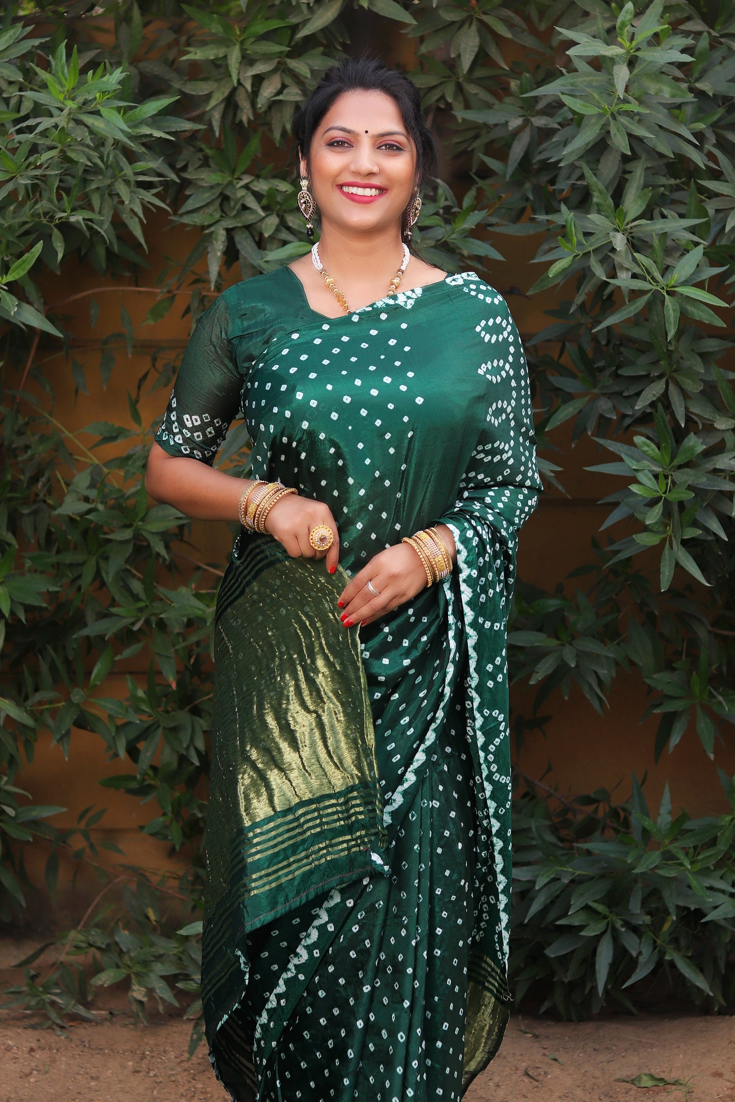 Glorious Bandhej Green Color Silk Saree