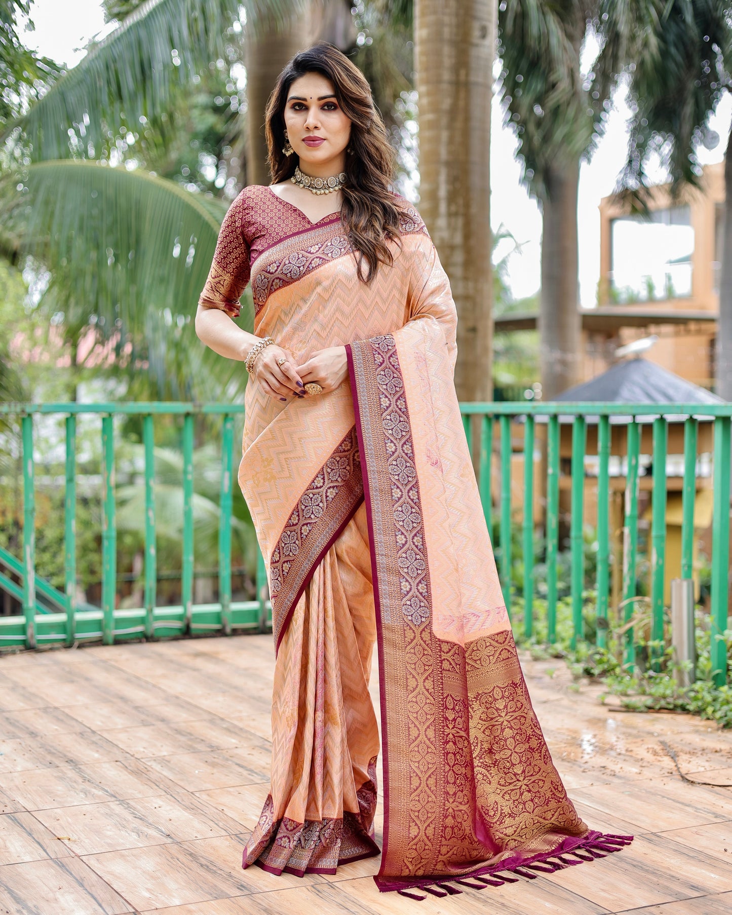 Imposing Kanjivaram Leheriya Peach Color Silk Saree