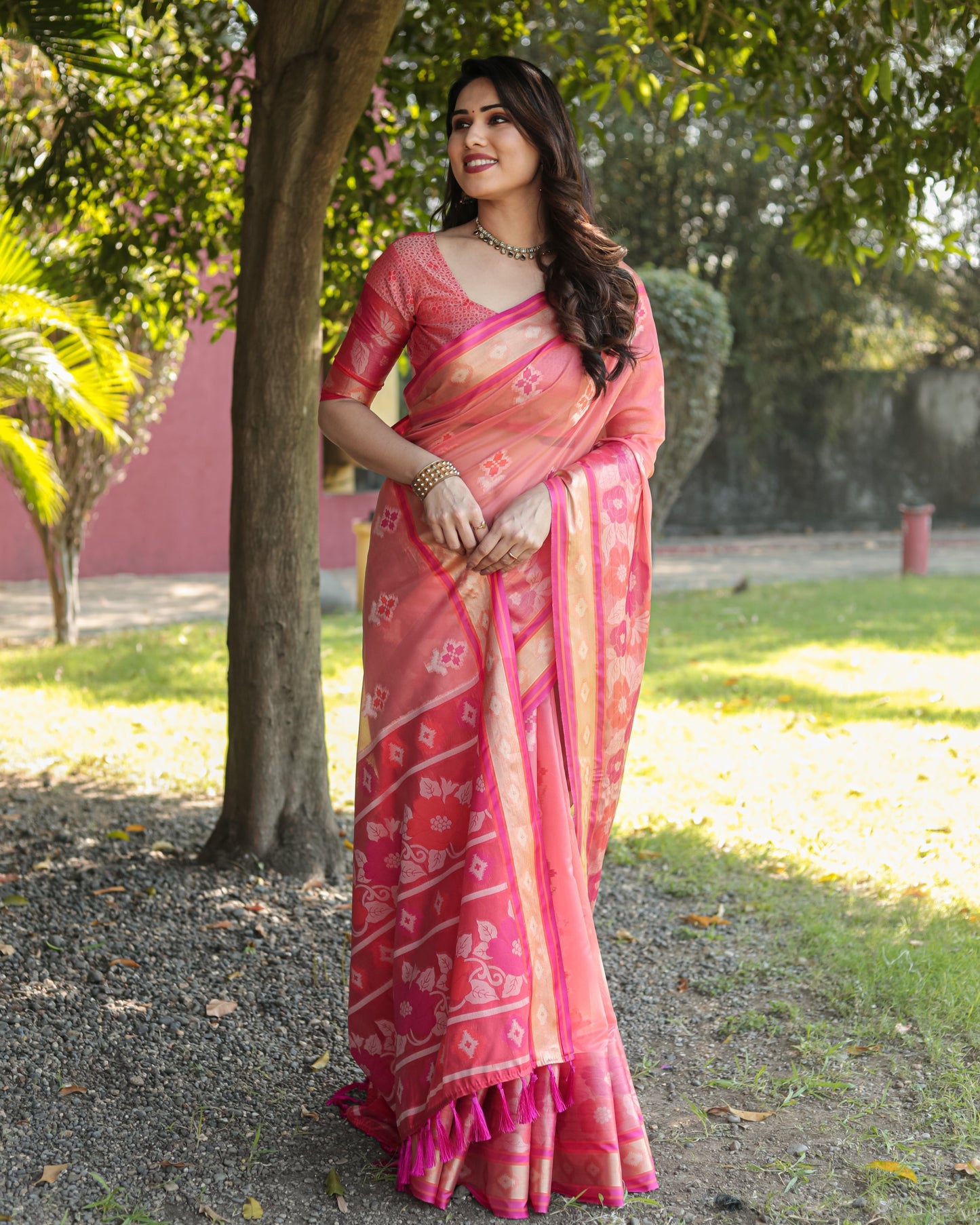 Trendy Organza Pink Color Silk Sarees