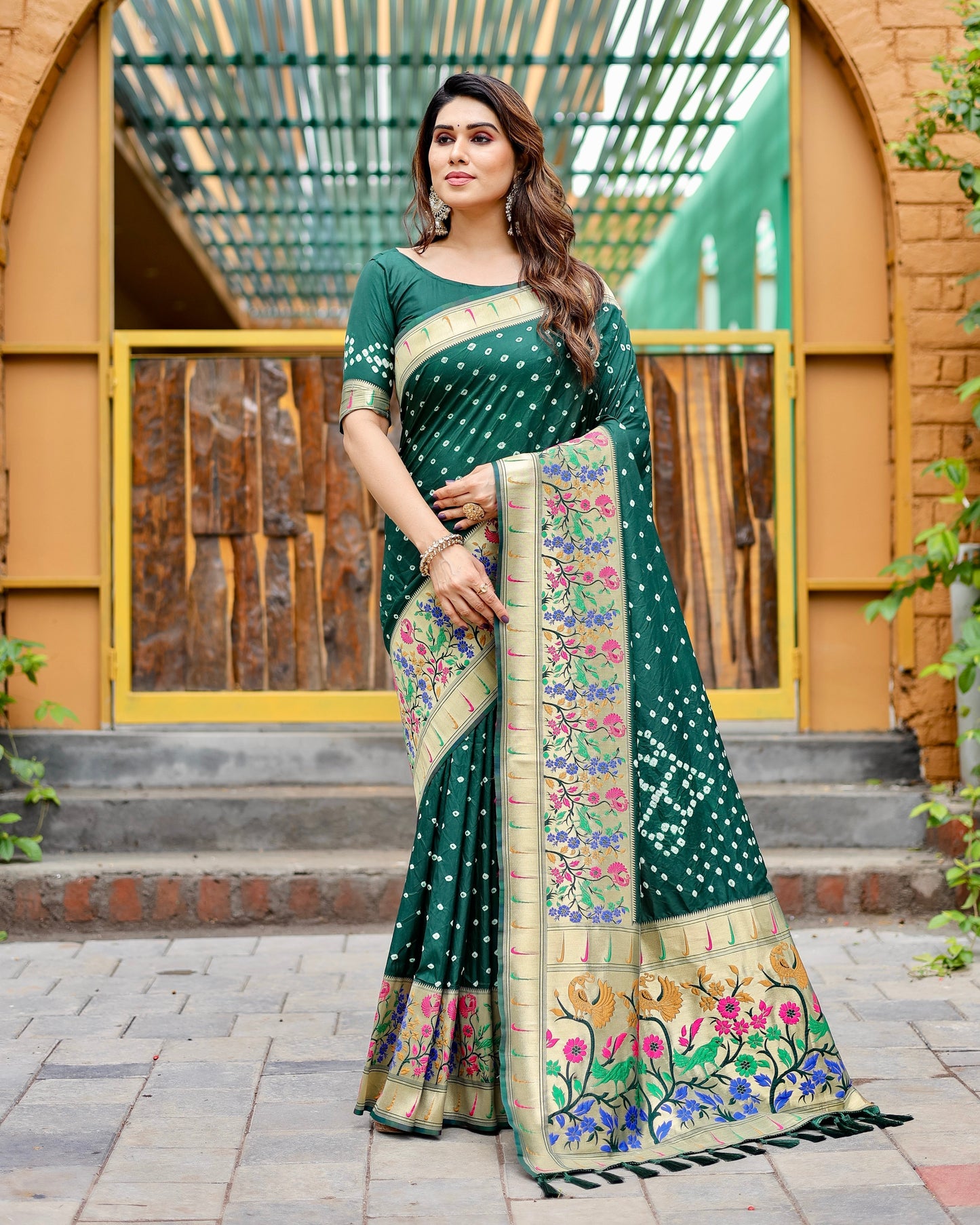 Charming Bandhej Paithani Green Color Silk Saree