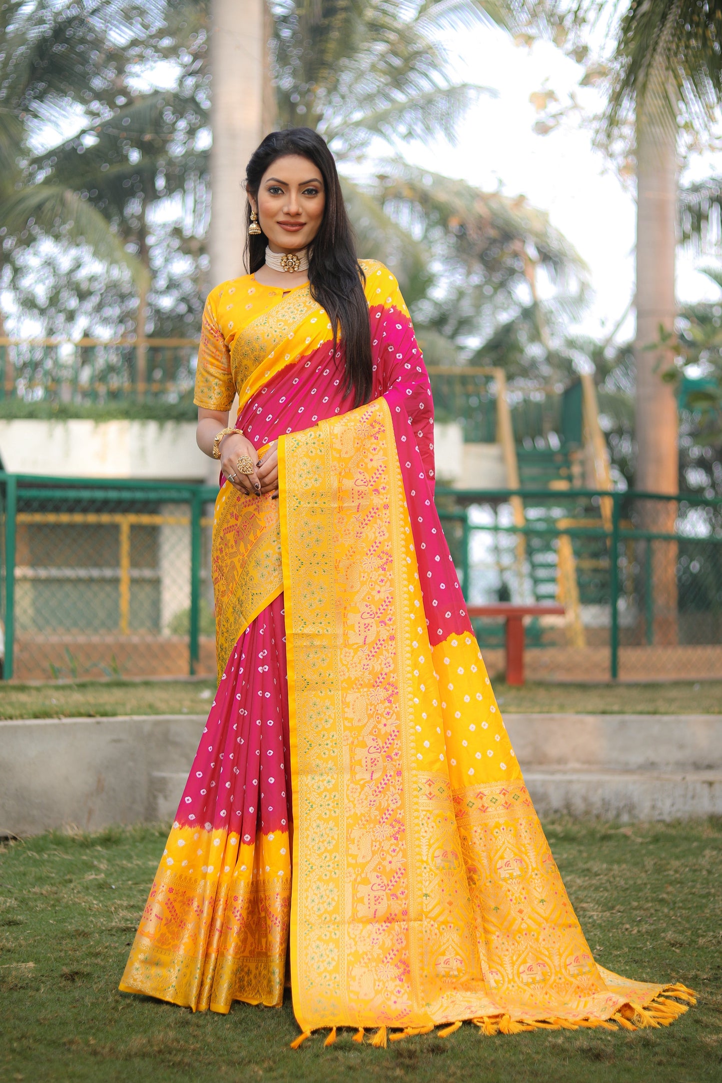 Fabulous Bandhej Kanjivaram Pink & Yellow Color Silk Saree