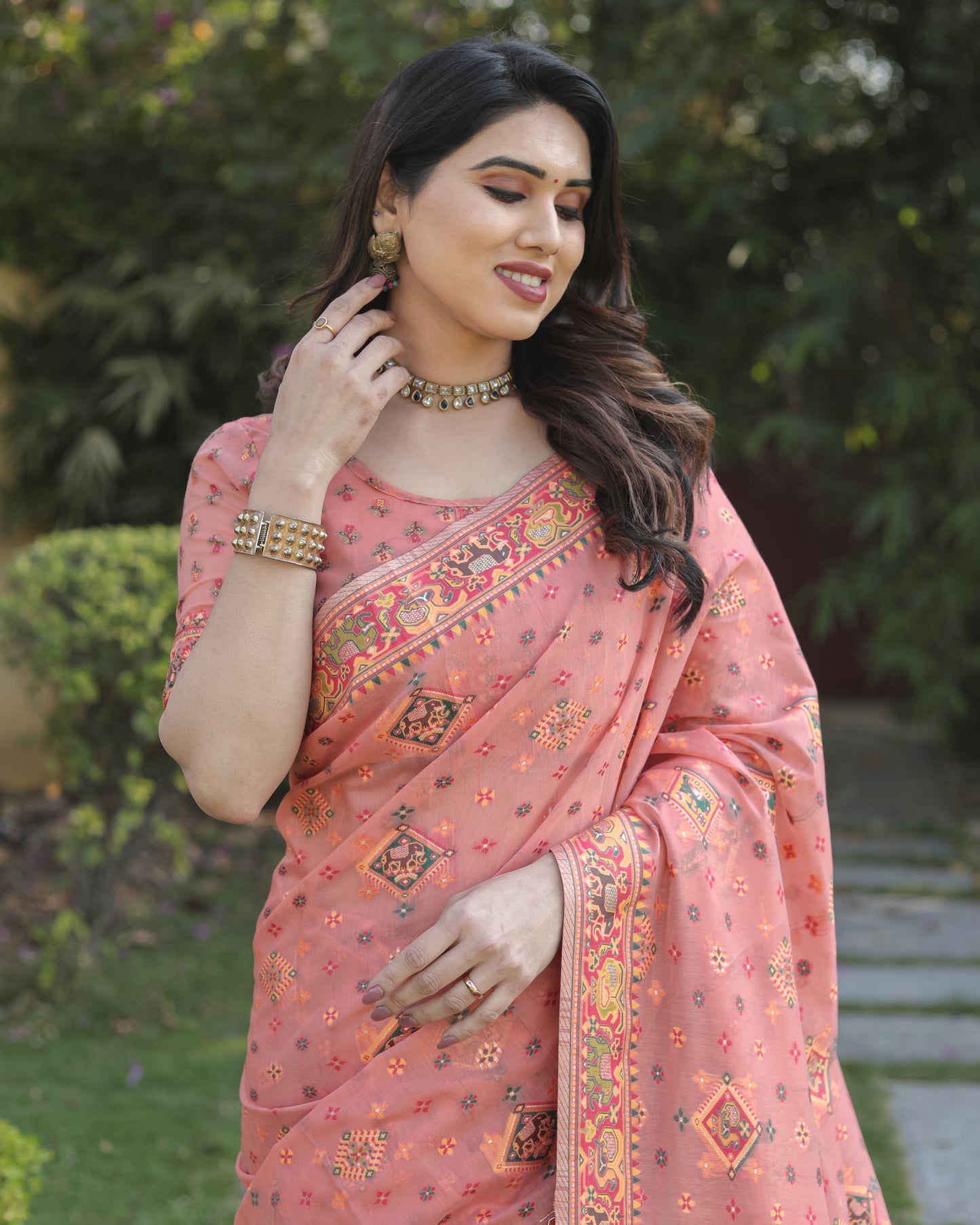 Designer Patola Print Work Soft Cotton Pink Color Women Saree