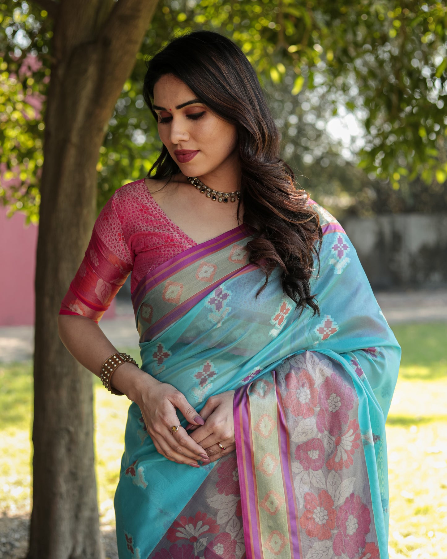 Trendy Organza Sky Blue Color Silk Sarees