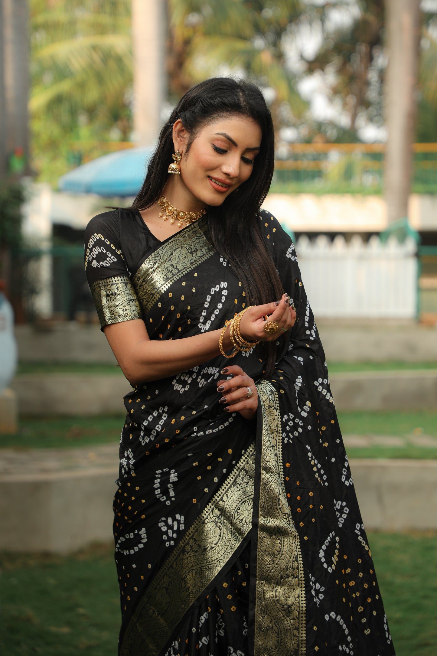 Blissful Kanjivaram Bandhej Black Color Silk Saree