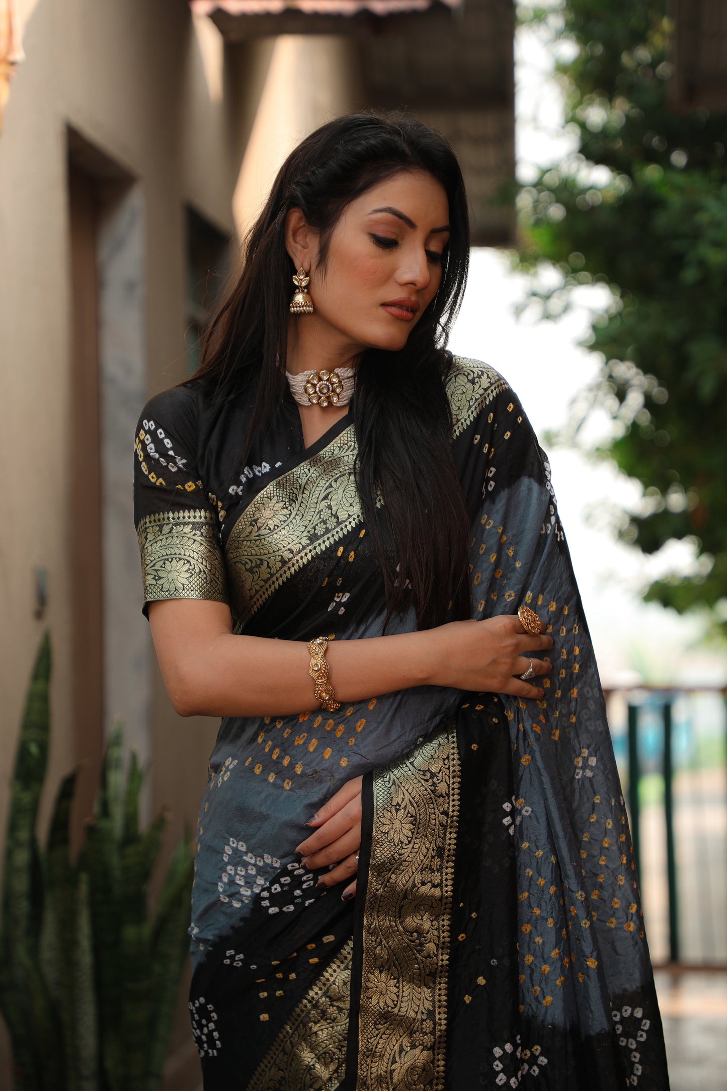 Glimmering Bandhej Grey Color Silk Sarees