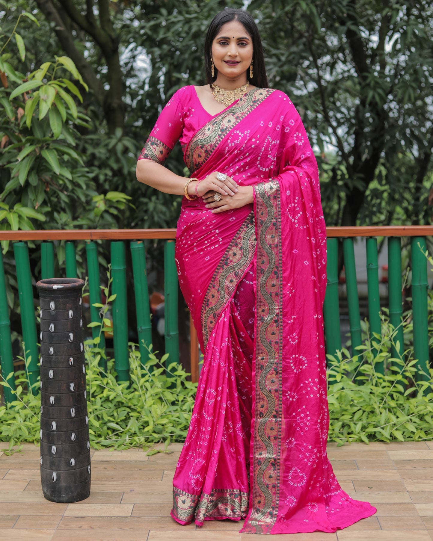 Trendy Bandhej Pink Color Soft Silk Saree