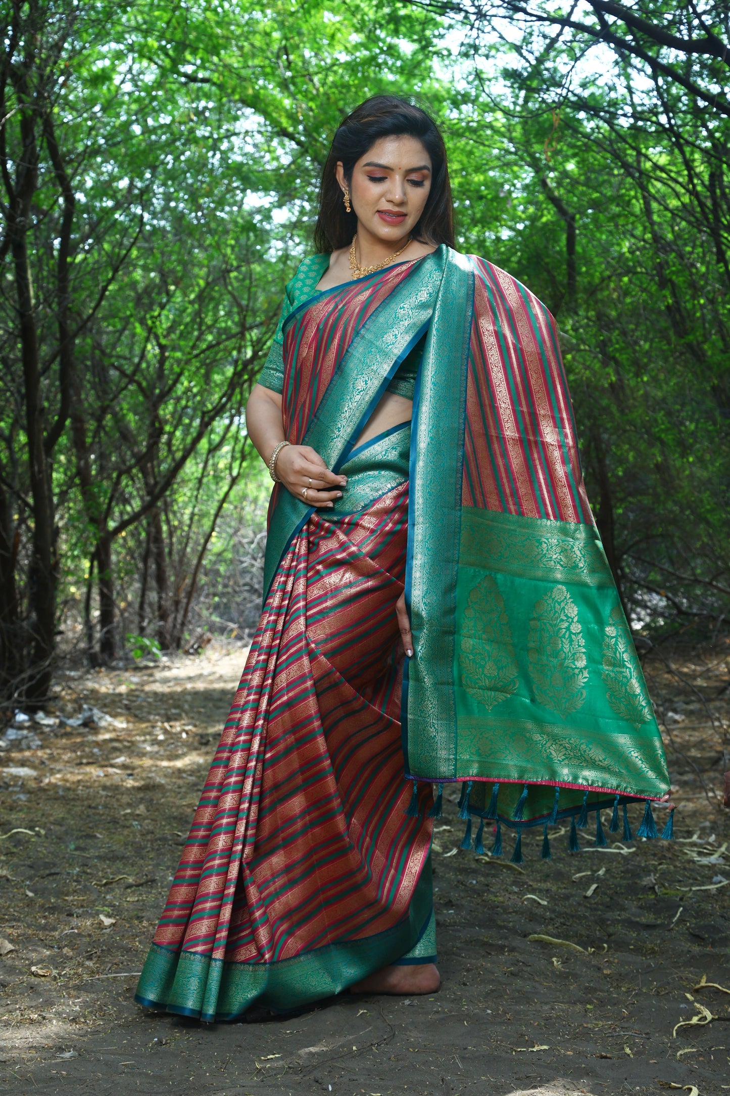 Designer Jaquard Soft Satin Green Pink Silk Saree