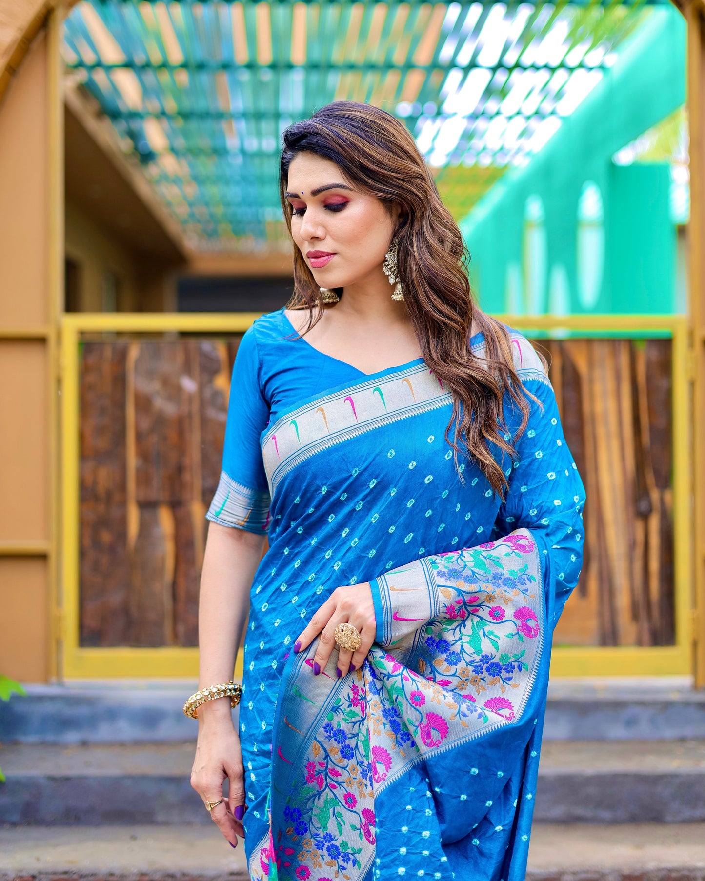 Charming Bandhej Paithani Sky Blue Color Silk Saree