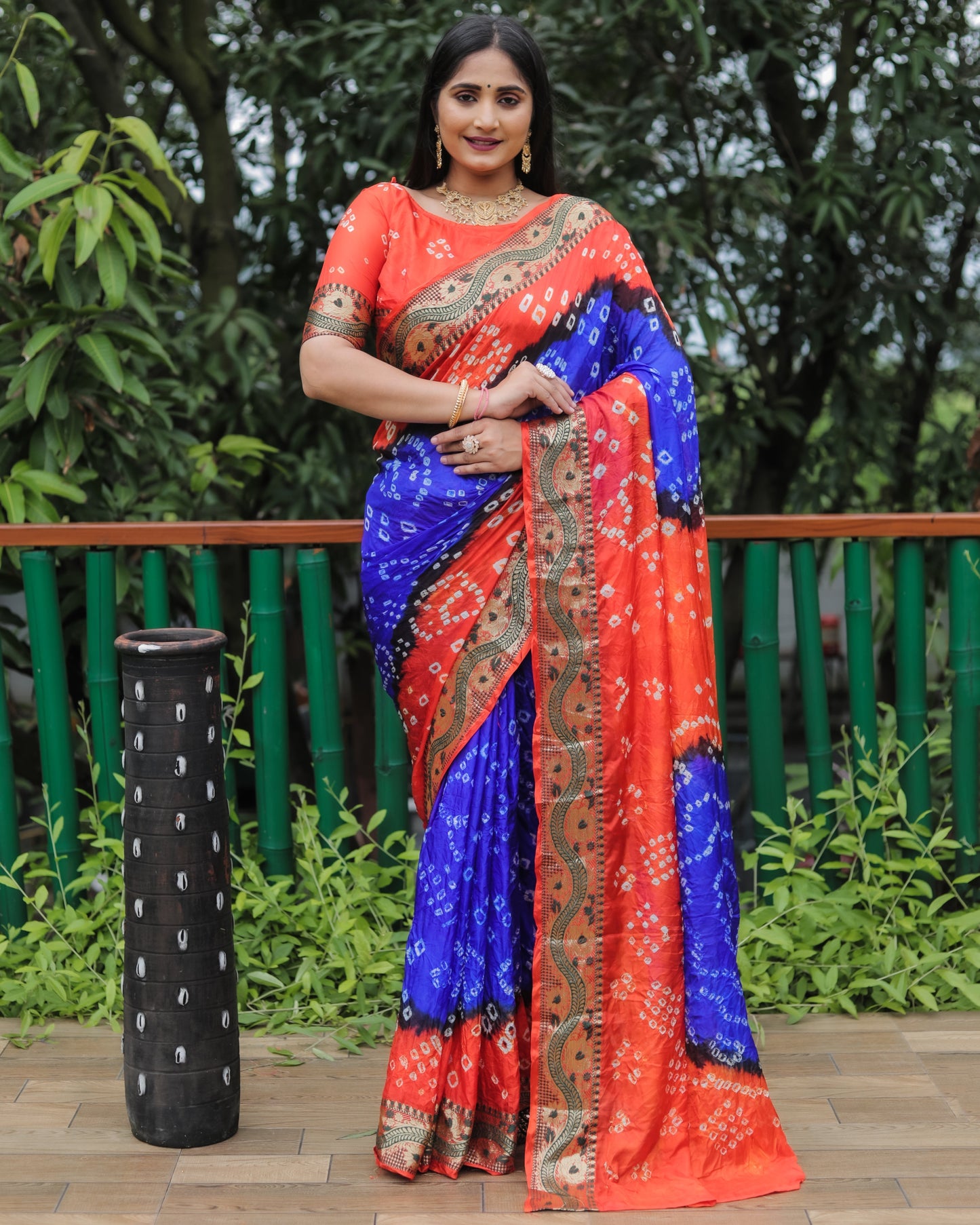 Imposing Bandhej Blue Color Soft Silk Saree