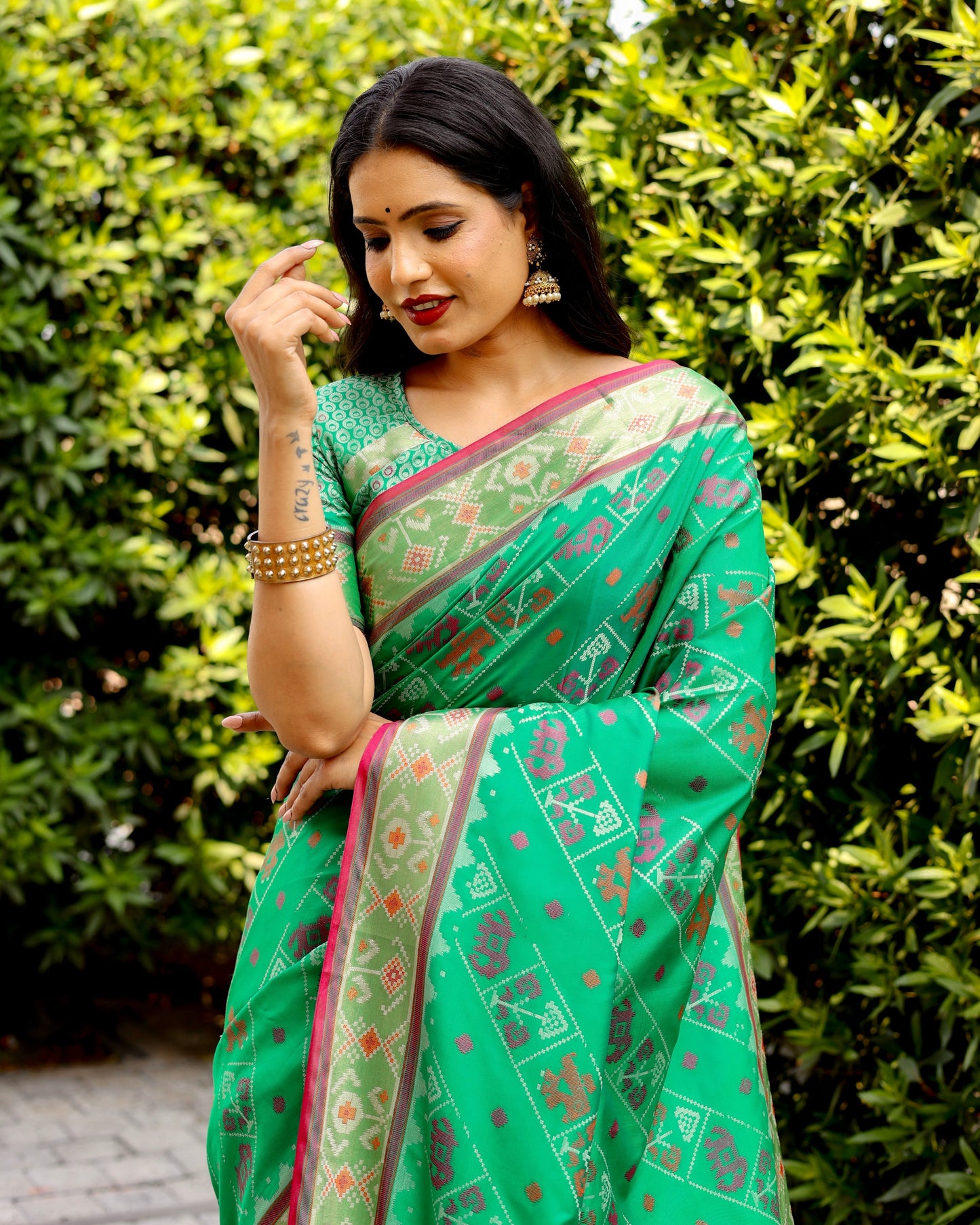 Designer Patola Silk Designed Light Green Sarees