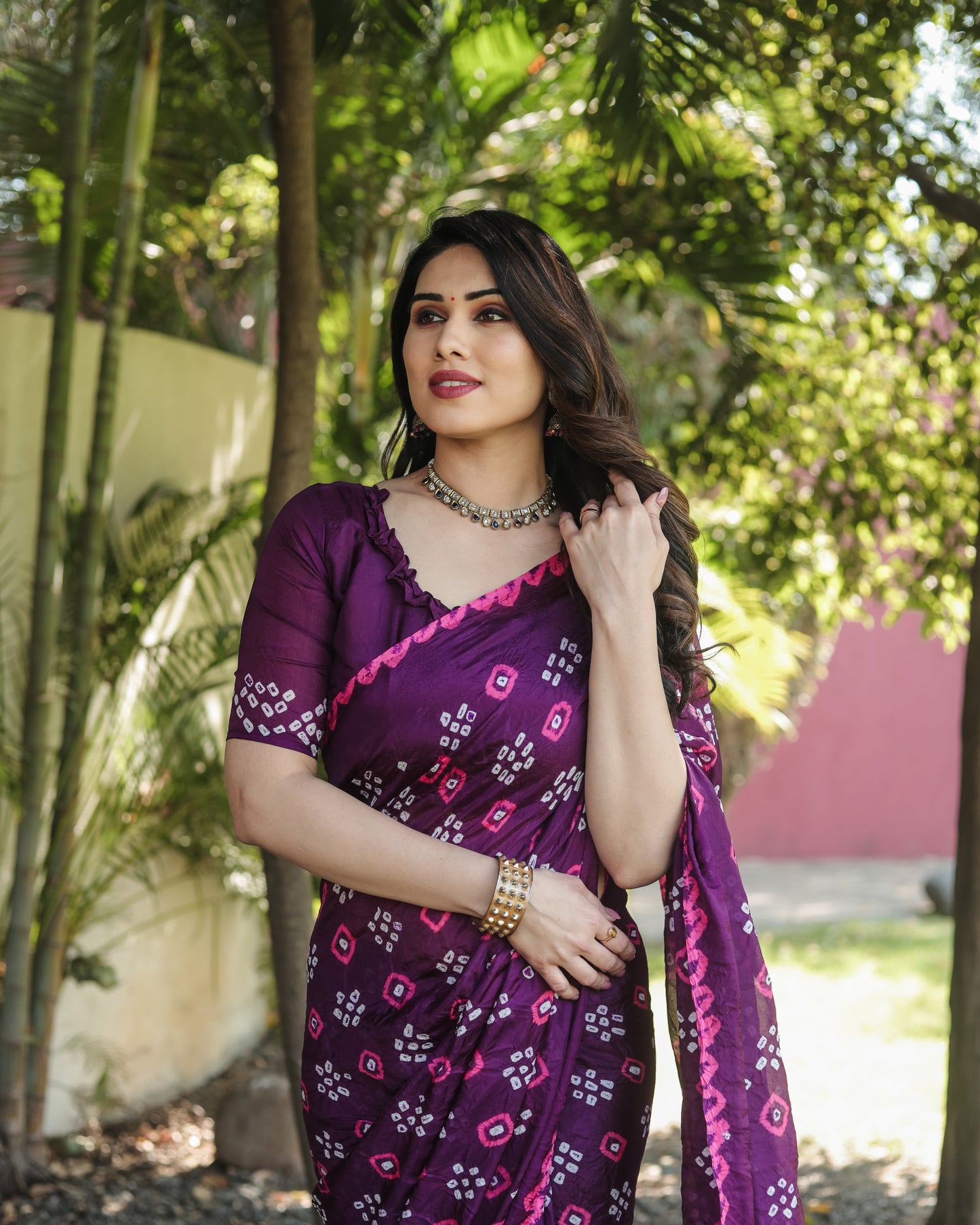 Luxuriant Bandhej Purple Color Silk Saree