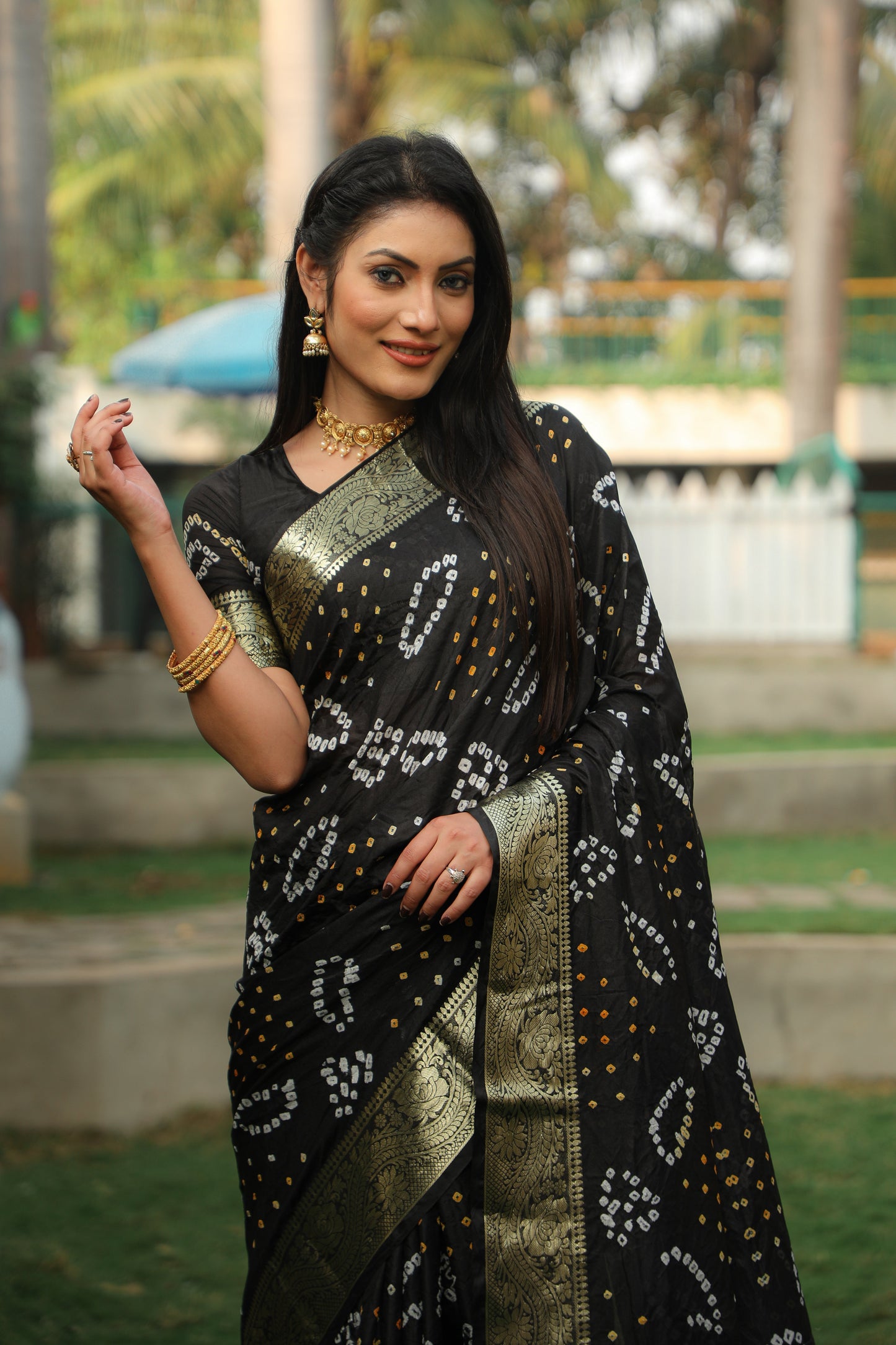 Blissful Kanjivaram Bandhej Black Color Silk Saree