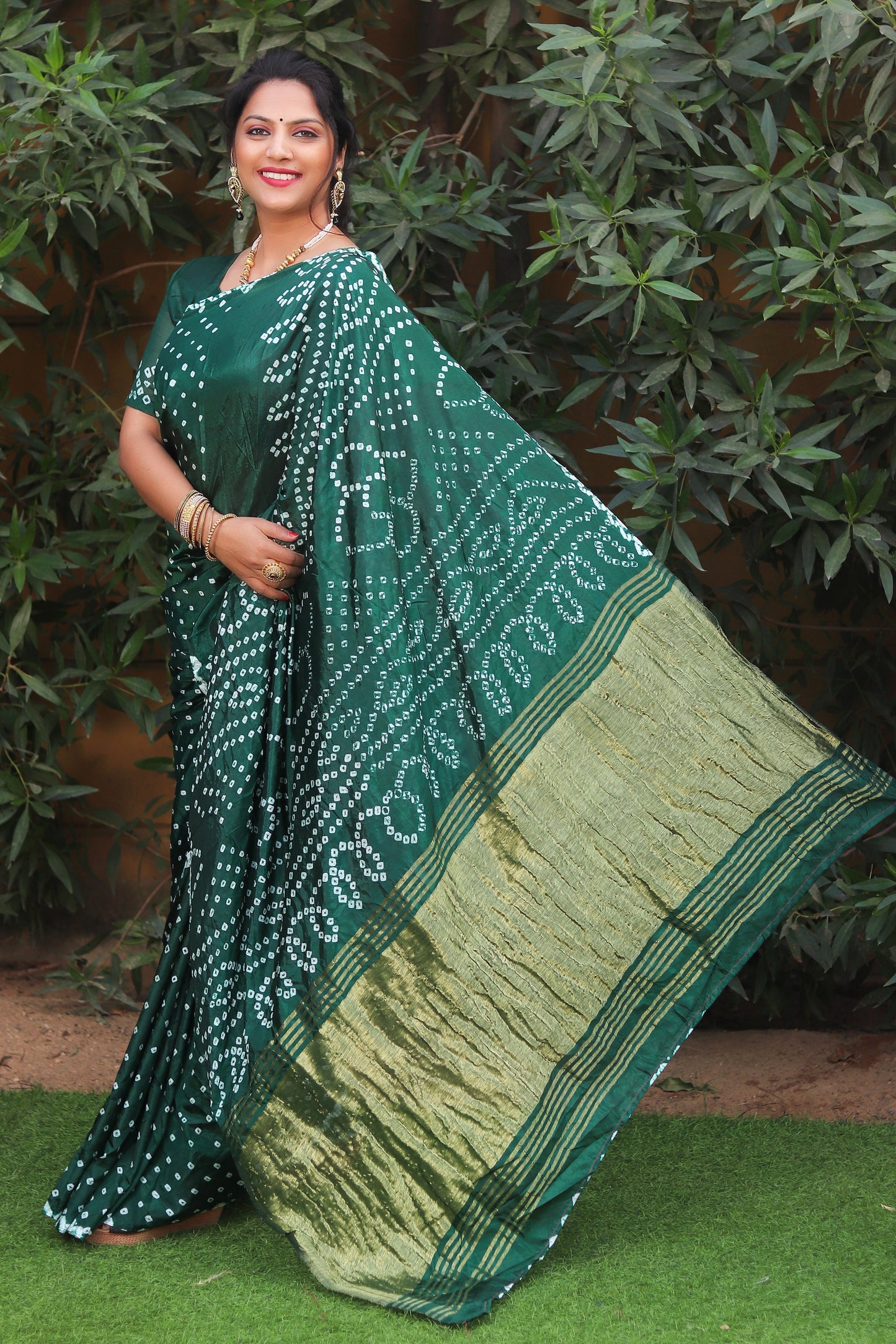 Glorious Bandhej Green Color Silk Saree