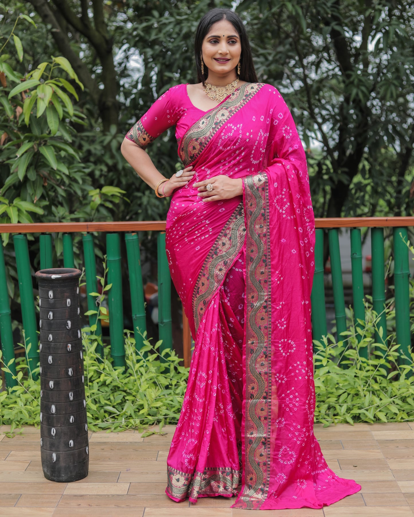 Trendy Bandhej Pink Color Soft Silk Saree