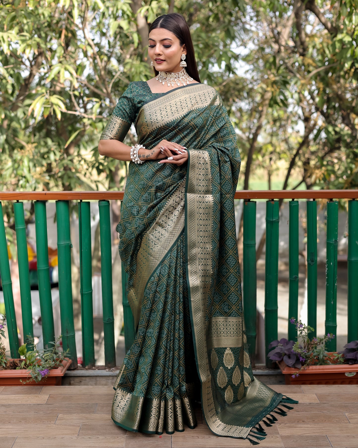 Embellished Silk Bandhej Green Color Patola Sarees