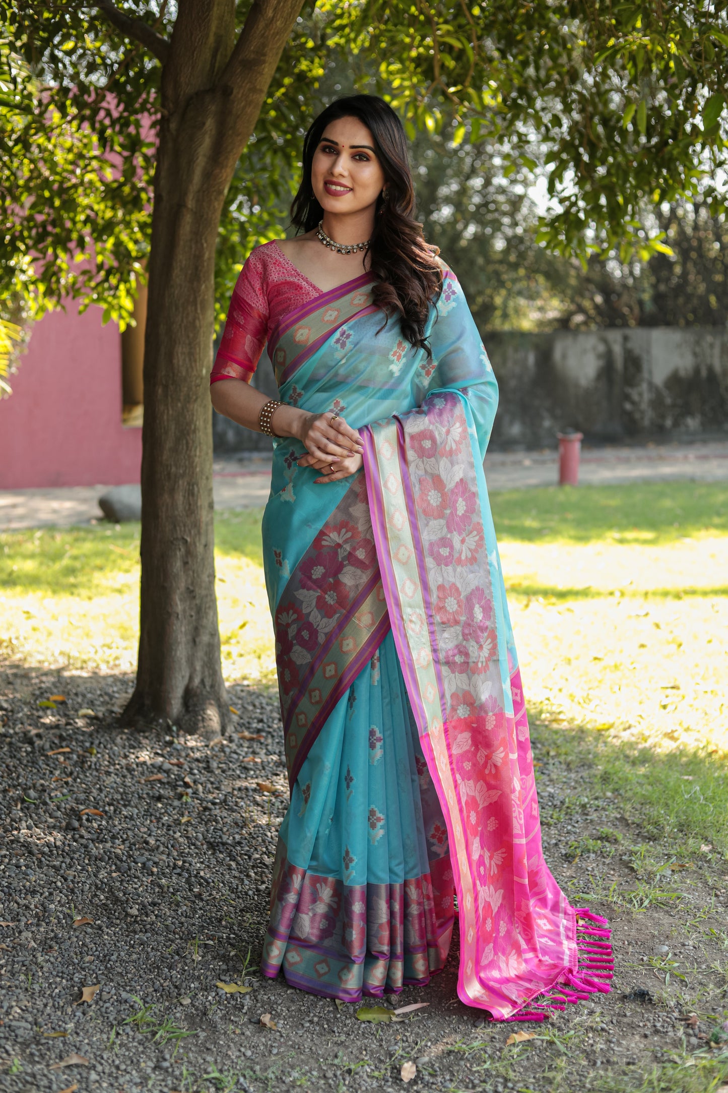 Trendy Organza Sky Blue Color Silk Sarees