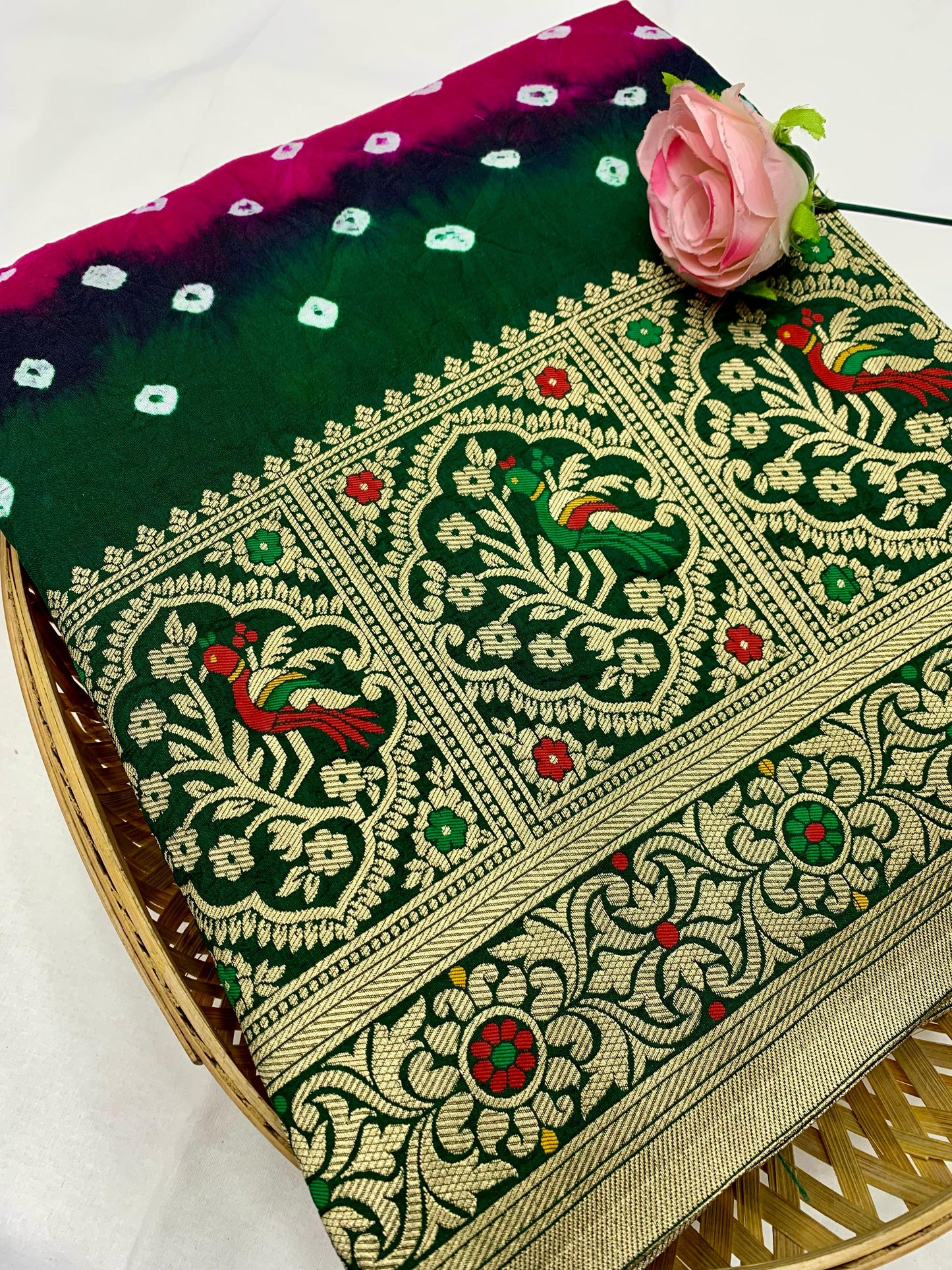 Delightful Jari Work Dark Pink With Green Color Saree