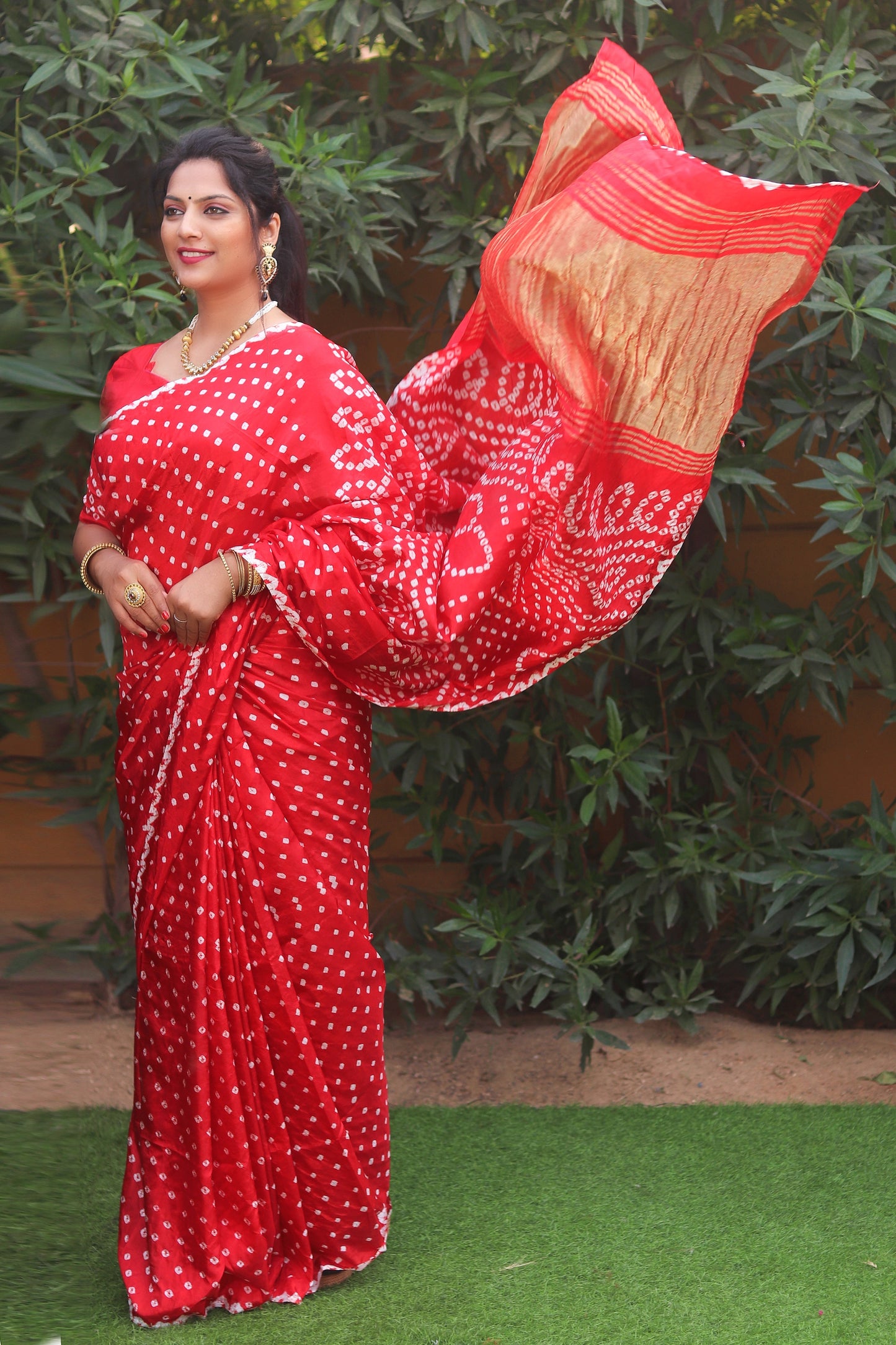 Glorious Bandhej Red Color Silk Saree