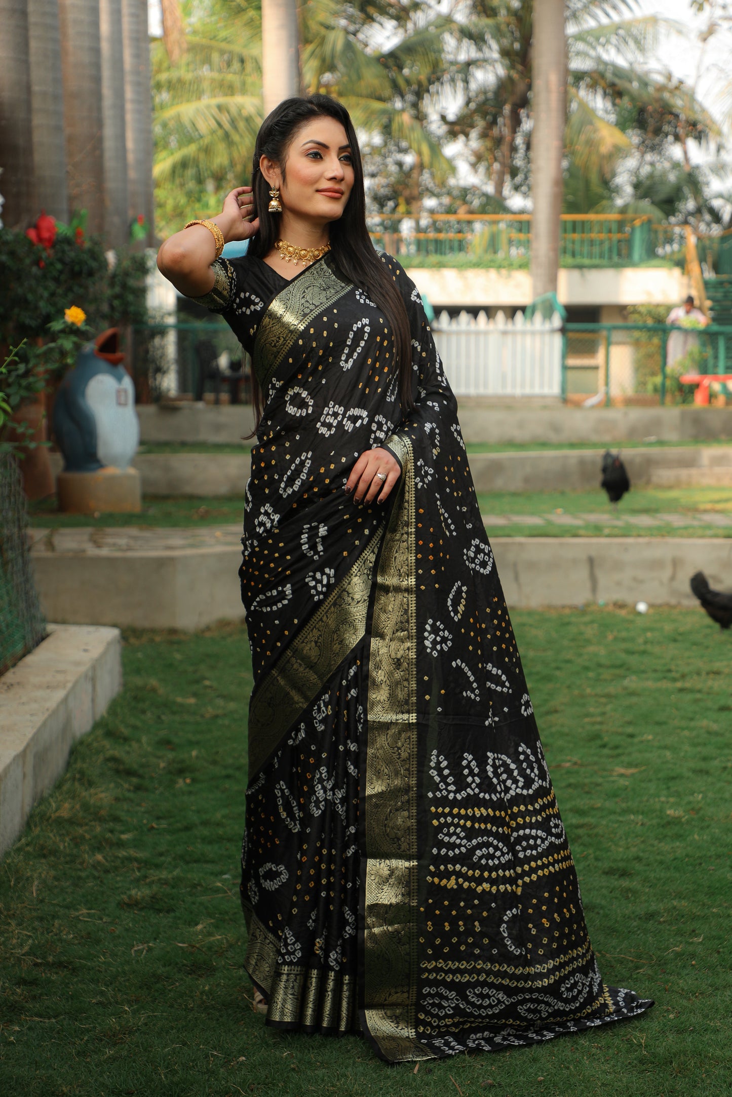 Blissful Kanjivaram Bandhej Black Color Silk Saree