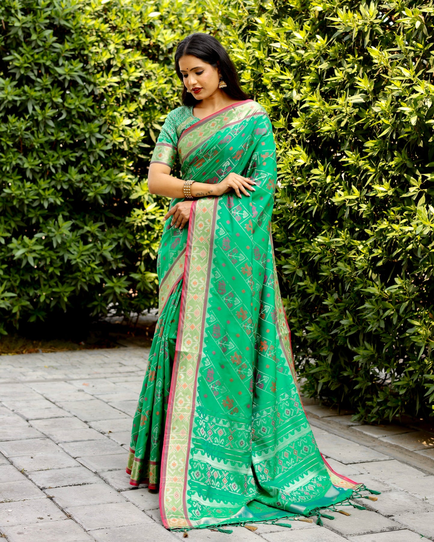 Designer Patola Silk Designed Light Green Sarees