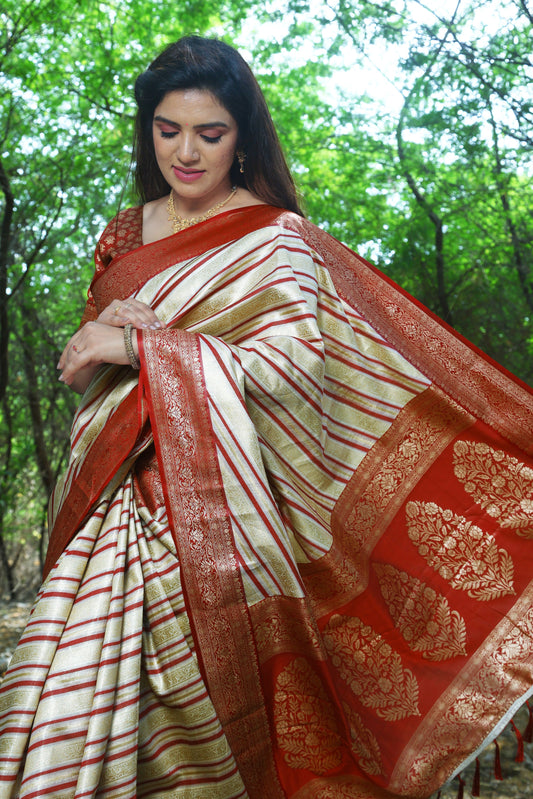 Designer Jaquard Soft Satin Cream Red Silk Saree