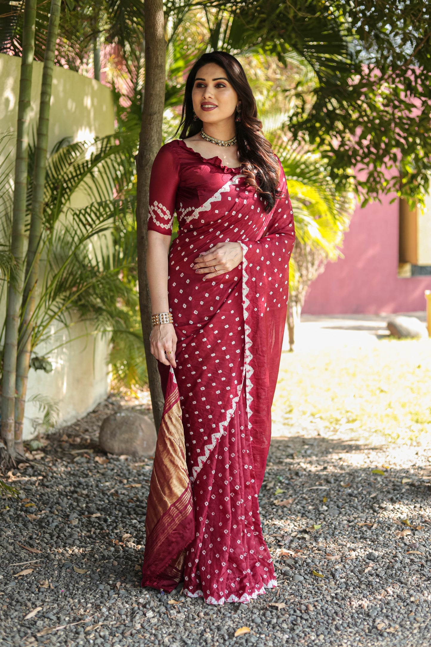 Gorgeous Pure Bandhej Maroon Color Silk Saree