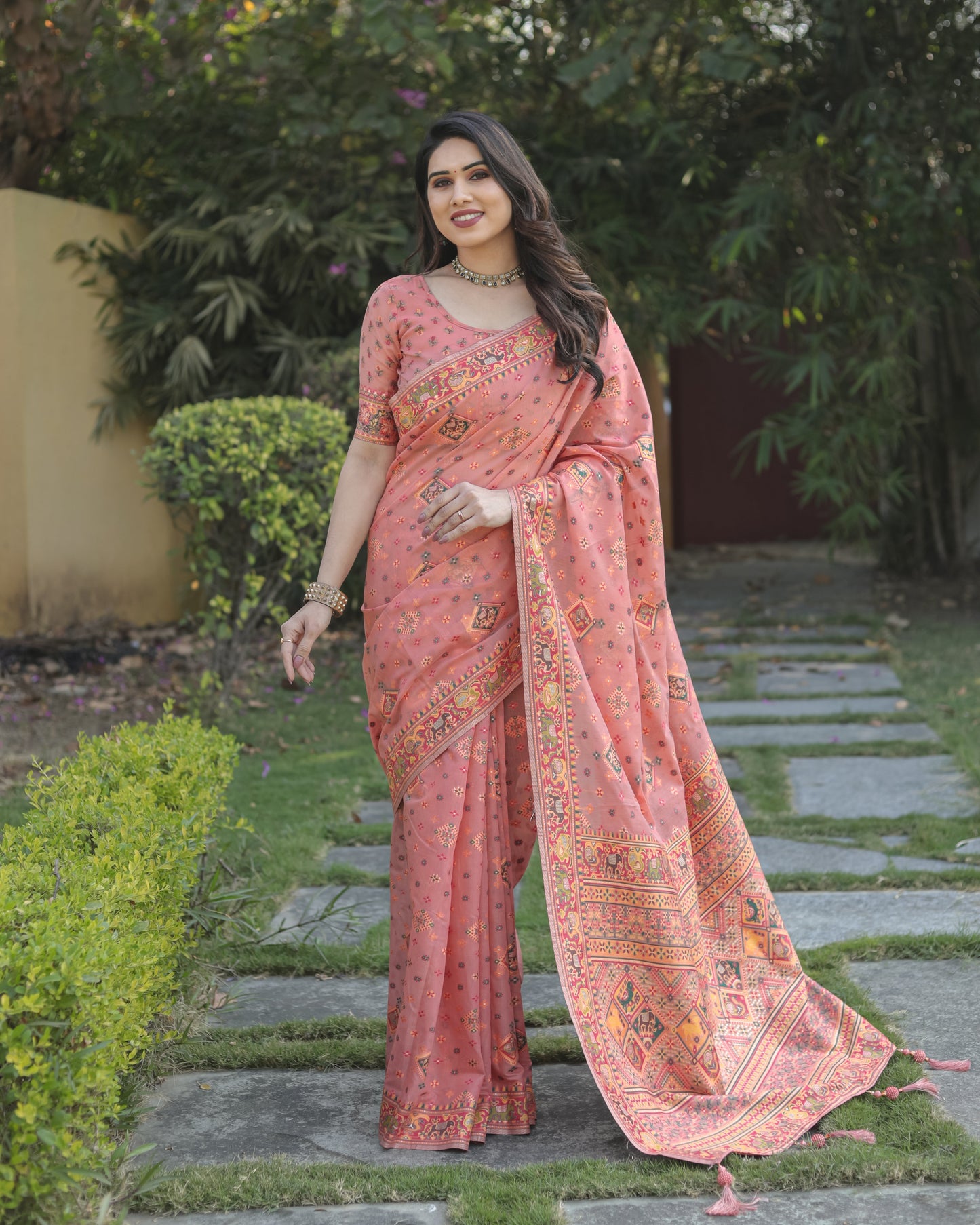 Designer Patola Print Work Soft Cotton Pink Color Women Saree