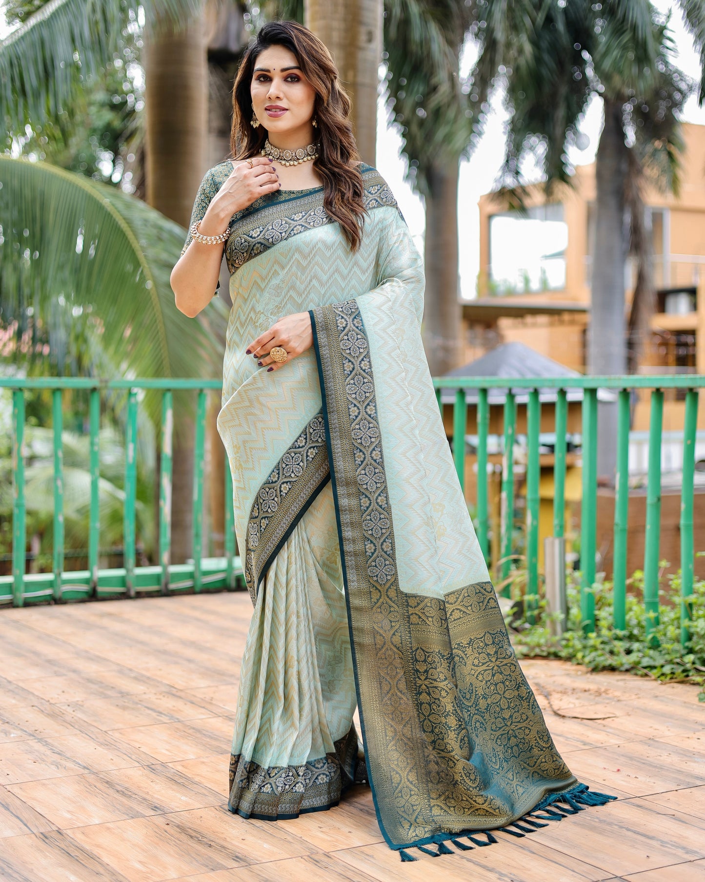 Imposing Kanjivaram Leheriya Pista Color Silk Saree