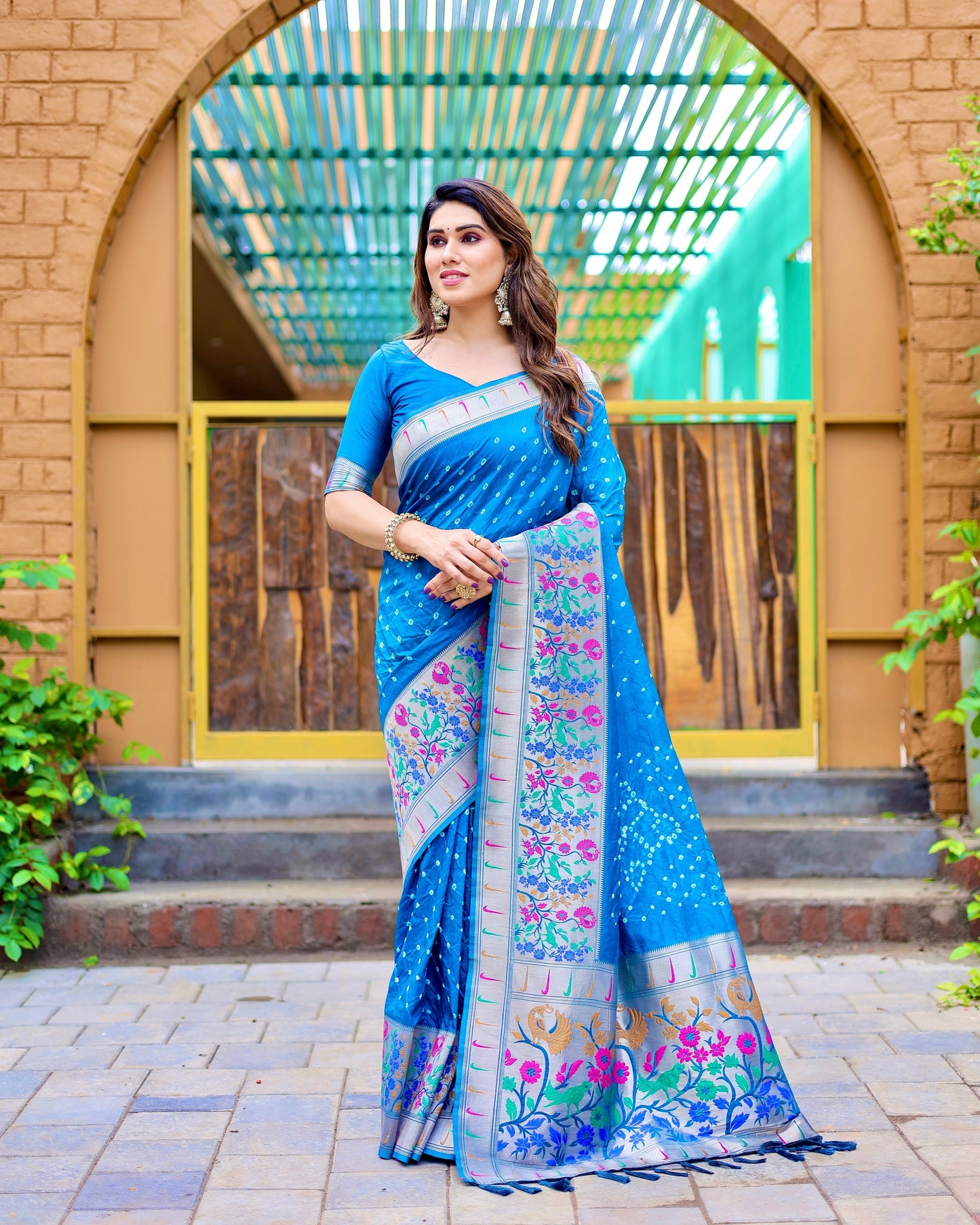 Charming Bandhej Paithani Sky Blue Color Silk Saree