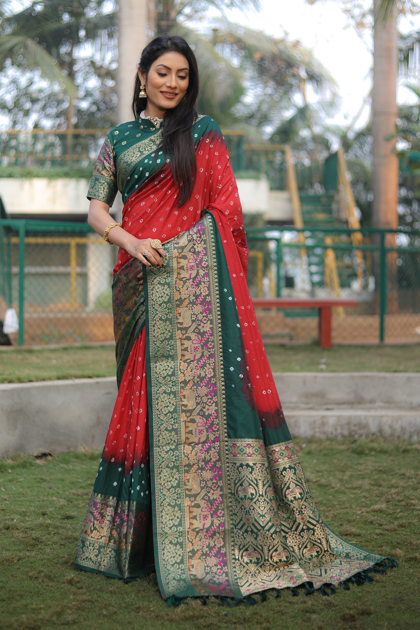 Fabulous Bandhej Kanjivaram Red & Green Color Silk Saree