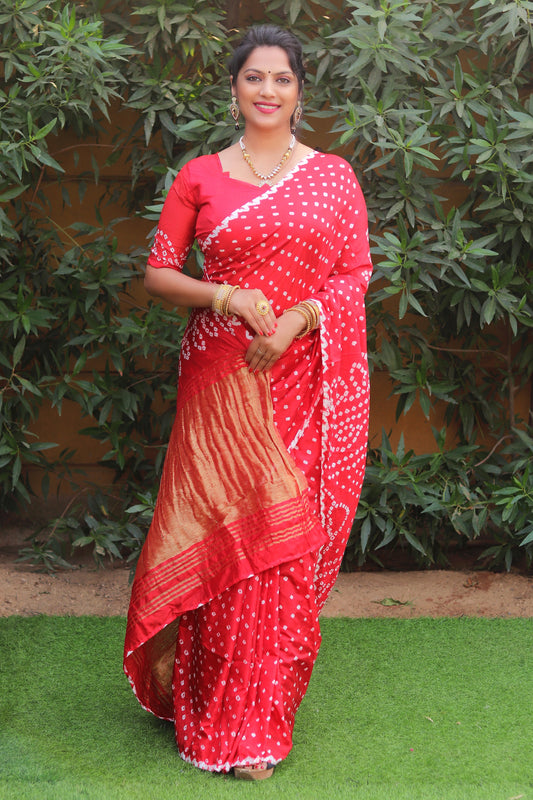 Glorious Bandhej Red Color Silk Saree