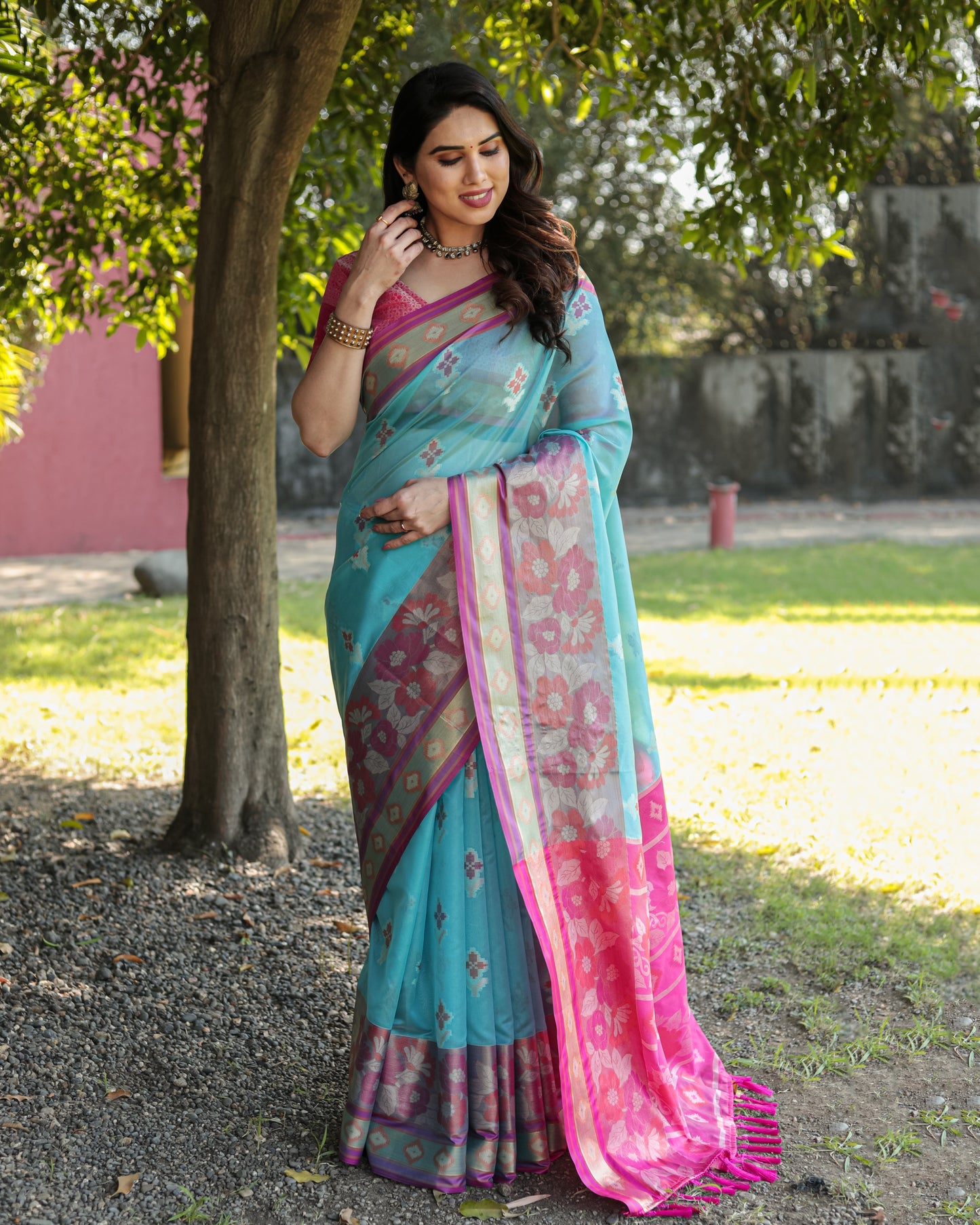 Trendy Organza Sky Blue Color Silk Sarees