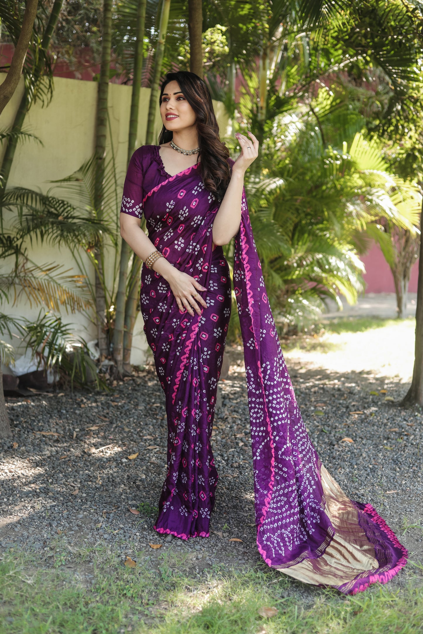 Luxuriant Bandhej Purple Color Silk Saree