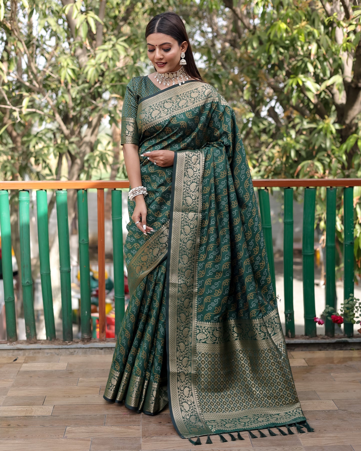 Shining Bandhej Patola Green Color Silk Sarees