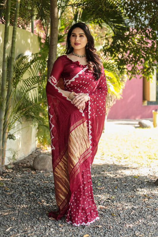 Gorgeous Pure Bandhej Maroon Color Silk Saree