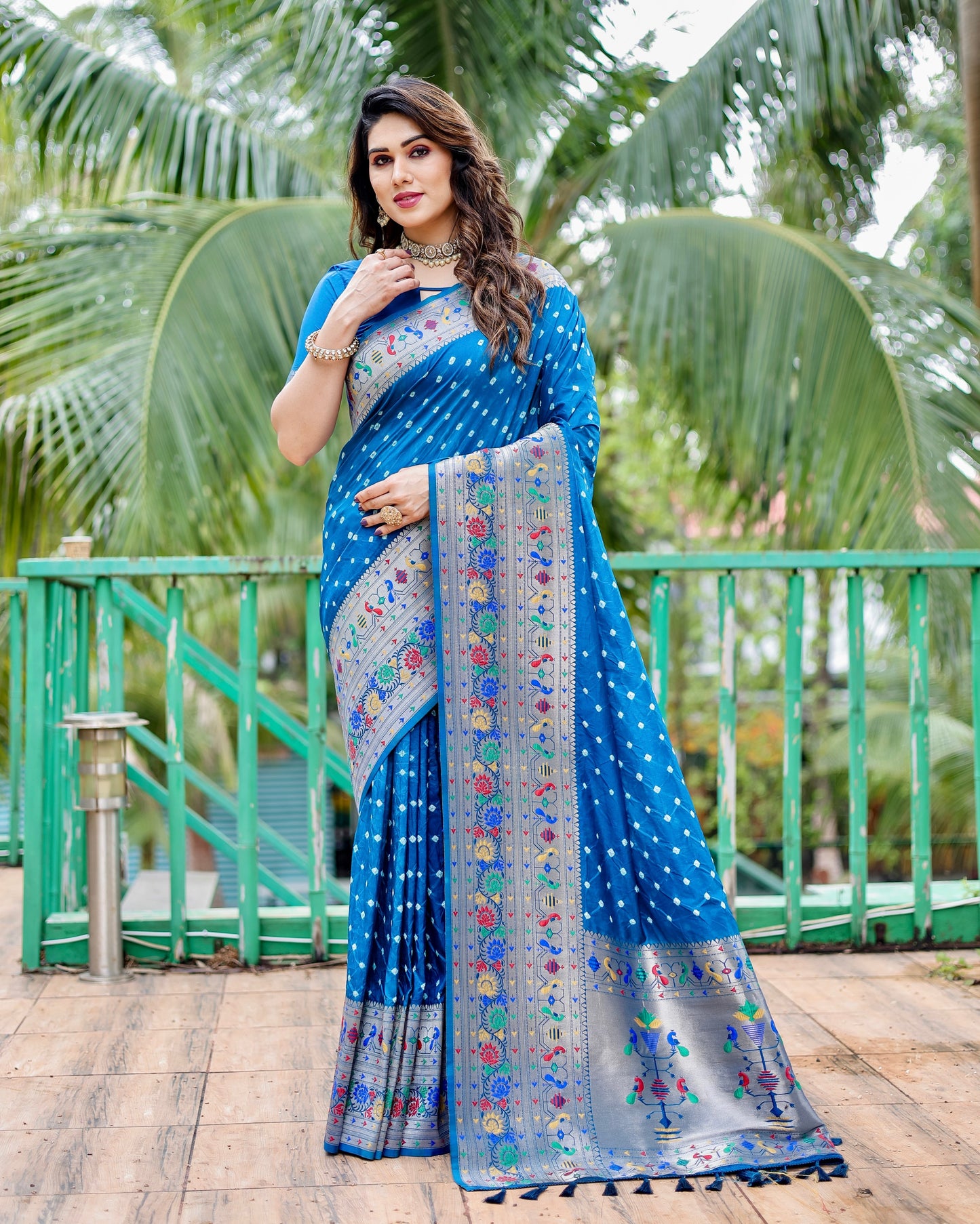 Glorious Paithani Bandhej Blue Color Silk Saree