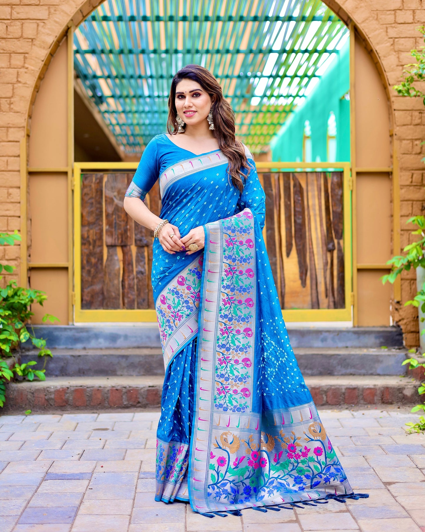 Charming Bandhej Paithani Sky Blue Color Silk Saree