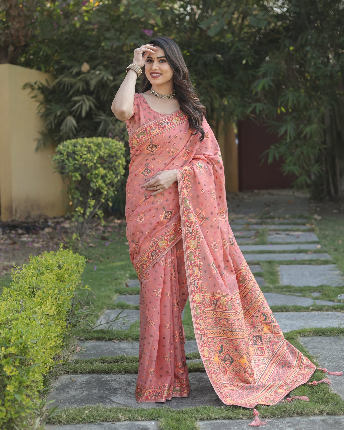 Designer Patola Print Work Soft Cotton Pink Color Women Saree