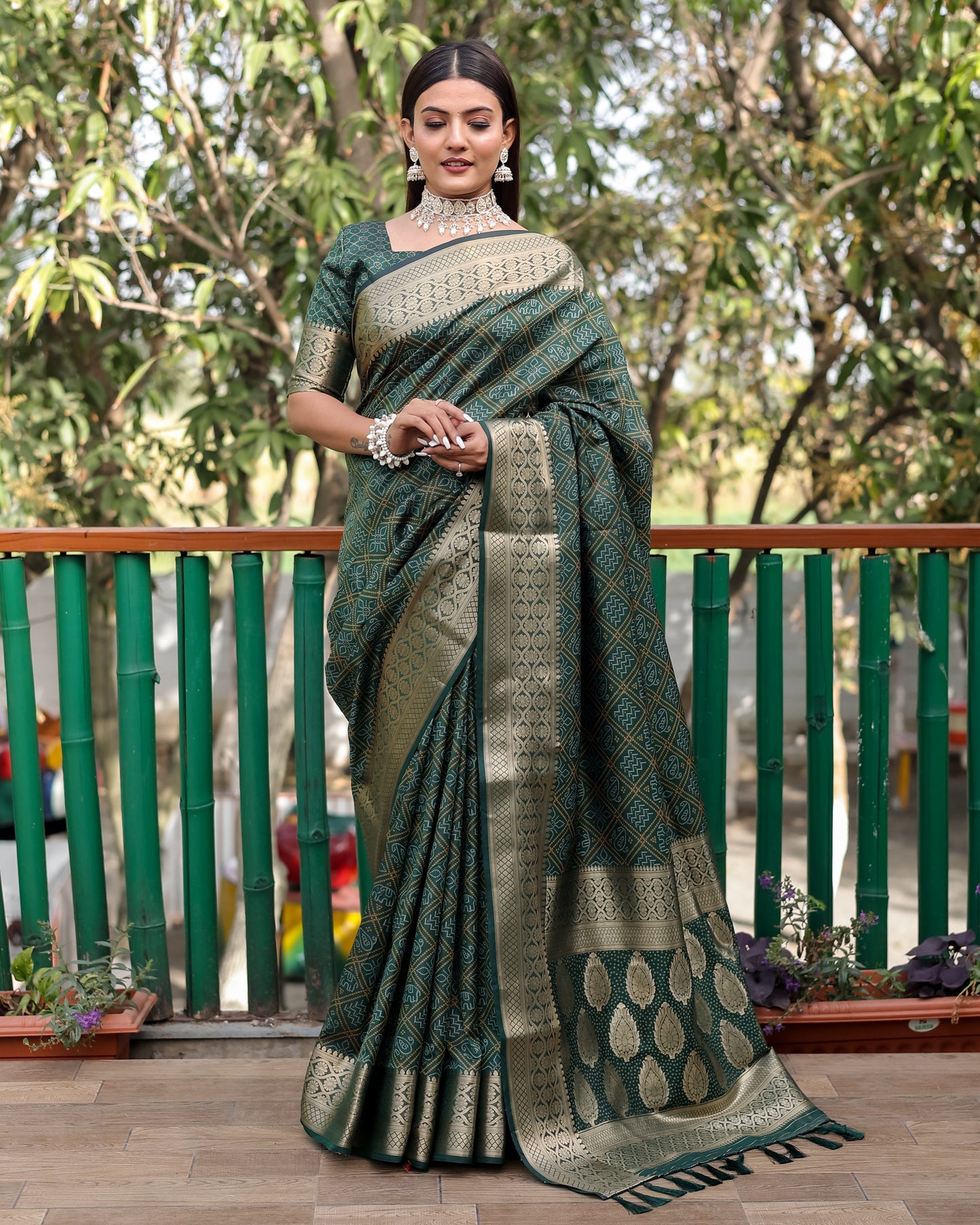 Embellished Silk Bandhej Green Color Patola Sarees