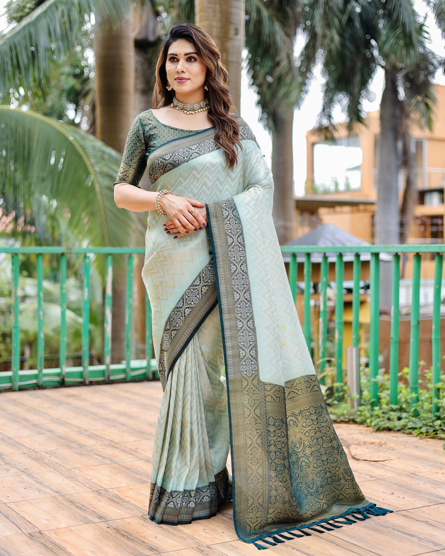 Imposing Kanjivaram Leheriya Pista Color Silk Saree