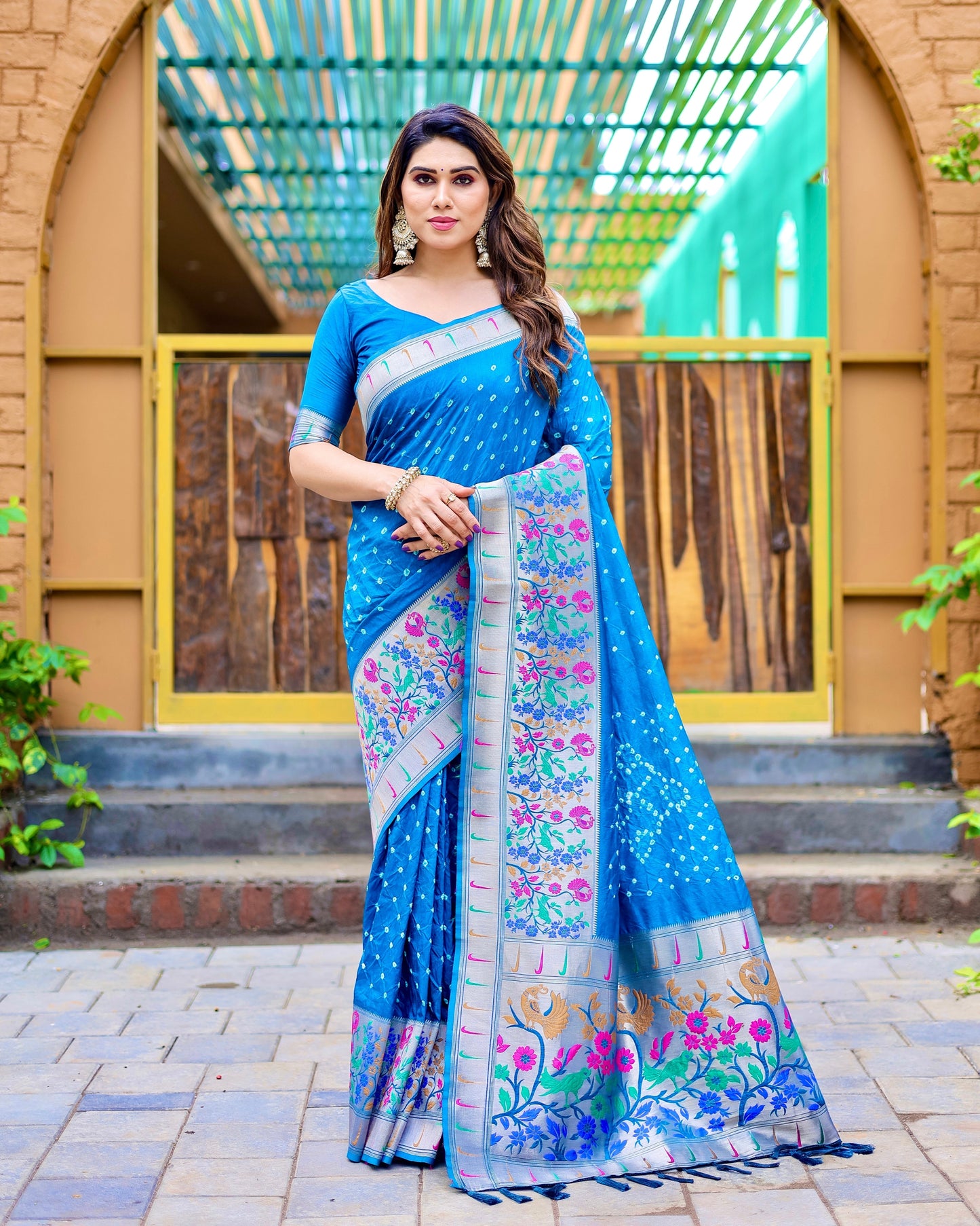 Charming Bandhej Paithani Sky Blue Color Silk Saree