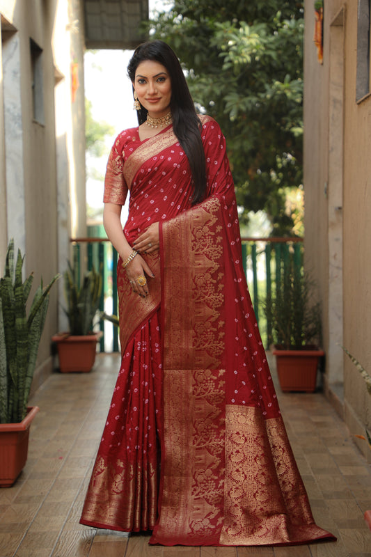 Attractive Bandhej Kanjivaram Red Color Silk Saree