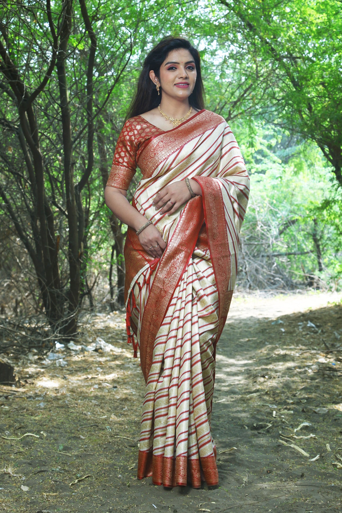 Designer Jaquard Soft Satin Cream Red Silk Saree