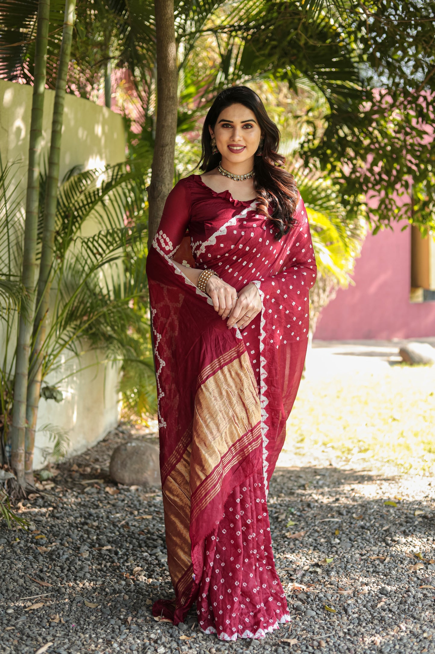 Gorgeous Pure Bandhej Maroon Color Silk Saree